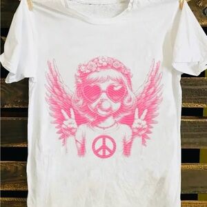 White Graphic Tee with Pink Angel Design